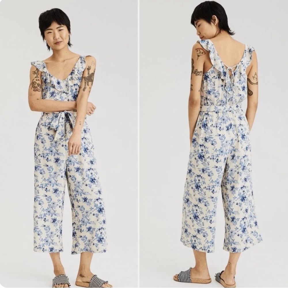 American Eagle Cream & Blue Floral Jumpsuit